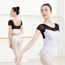 

Women Ballet Leotards Short Sleeve Mesh Flower Print Splicing Adult Girls Skating Practice Gymnastics Bodysuit Ballerina Costume