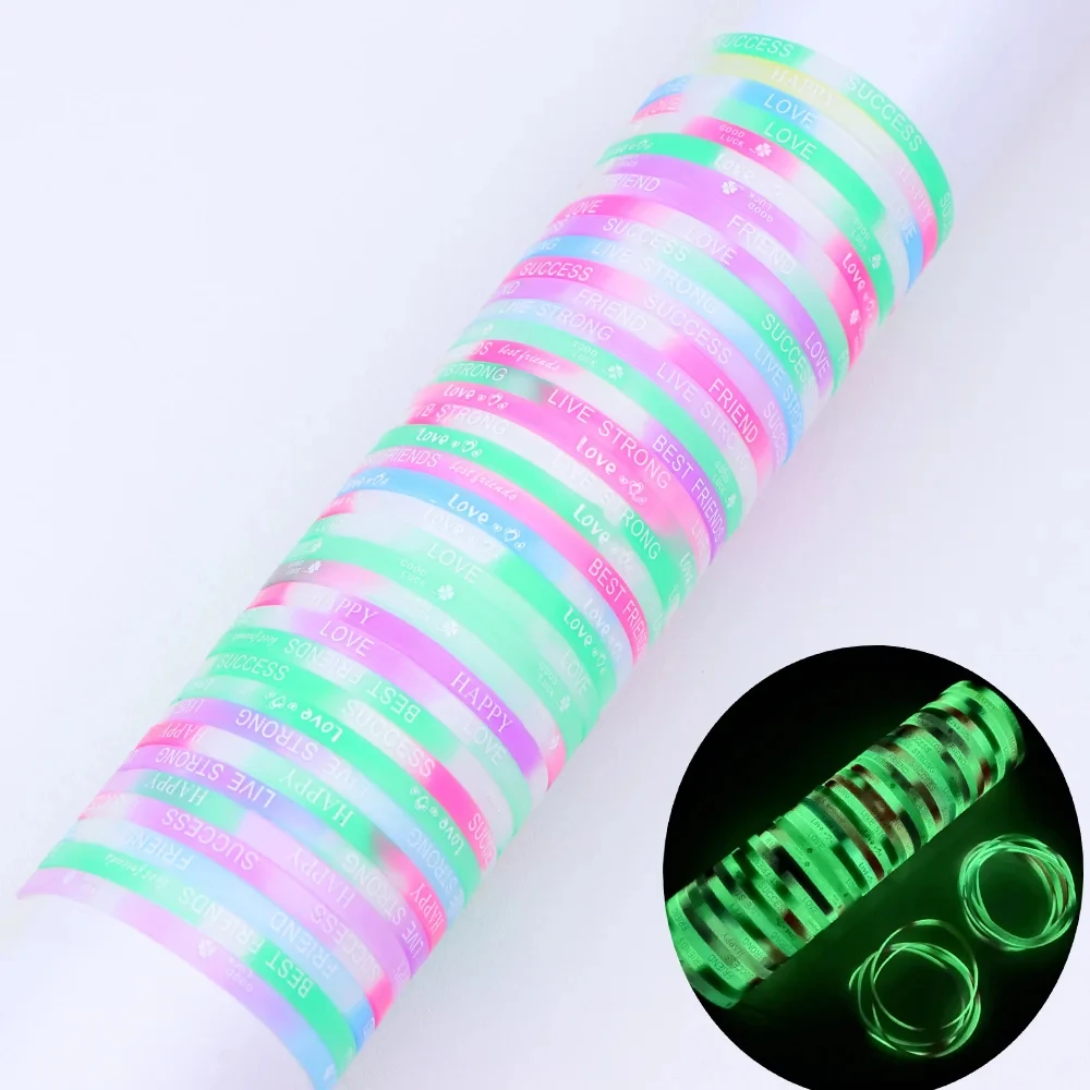 Letter Sports Silicone Bracelet Luminous Elastic Wrist Strap Candy Color Motivational Fashion Accessory Child Teens 10pcs 5mm