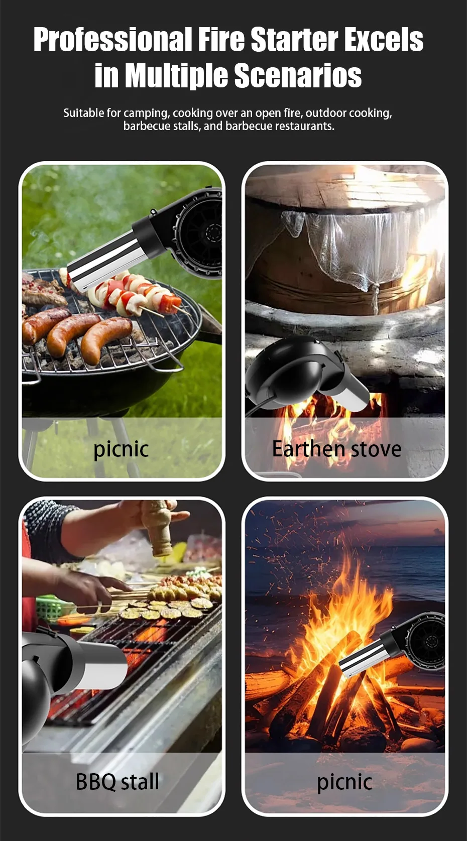 USB Stepless Speed BBQ Blower Mini Grilling Blower Portable Camping Fire Starter