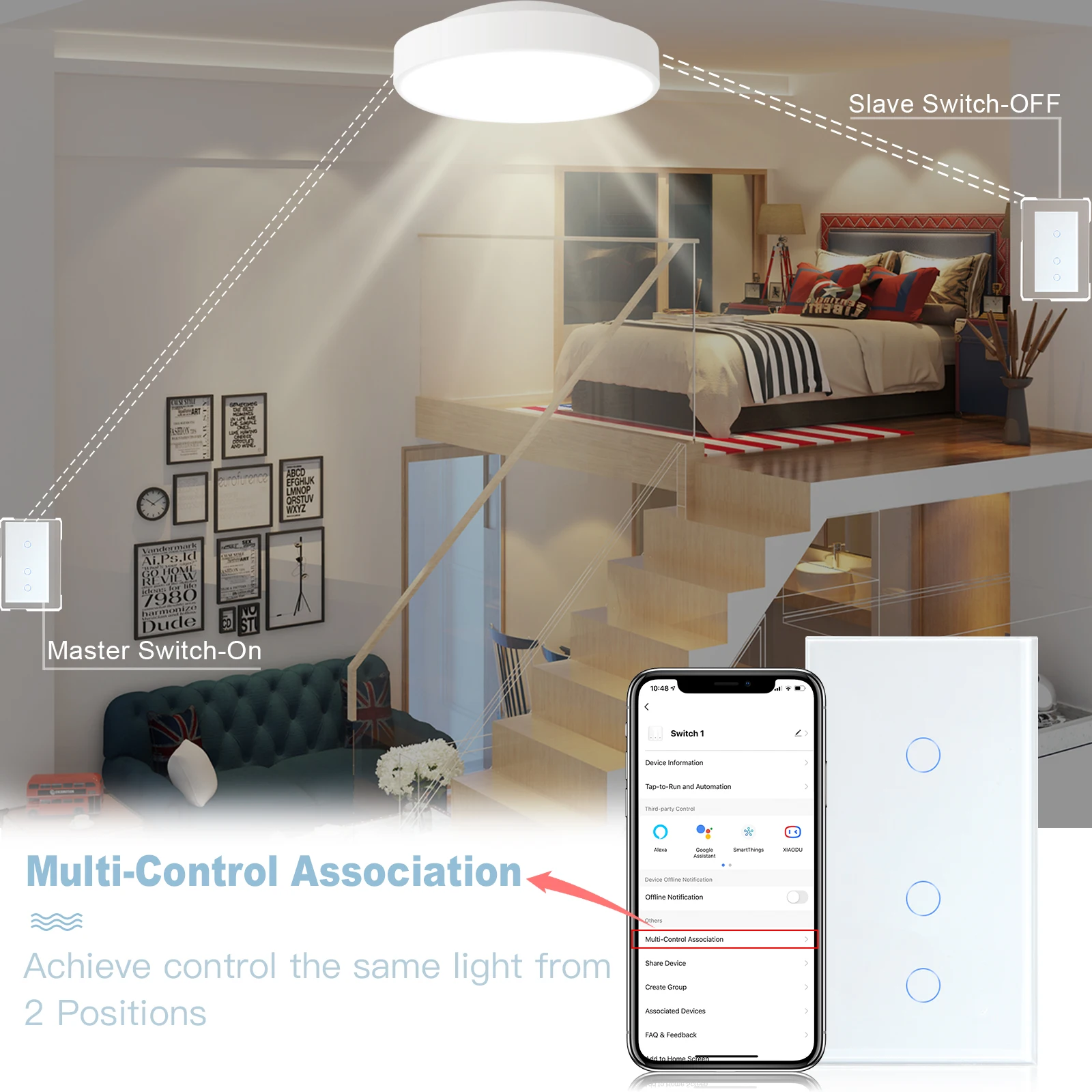 BSEED-Interruptor táctil de luz LED, 2 entradas, 1/2/3 vías, inalámbrico,  Wifi, Alexa, Smart Life, Control por aplicación Tuya, 2 paquetes