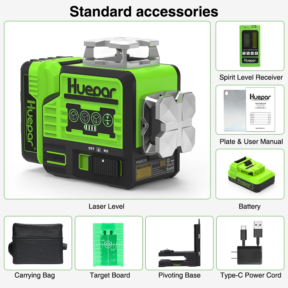 Huepar 2 x 360 Cross Line Self-leveling Laser Level Green Beam outdoor  Bluetooth Control with Receiver Tripod & Li-ion Battery