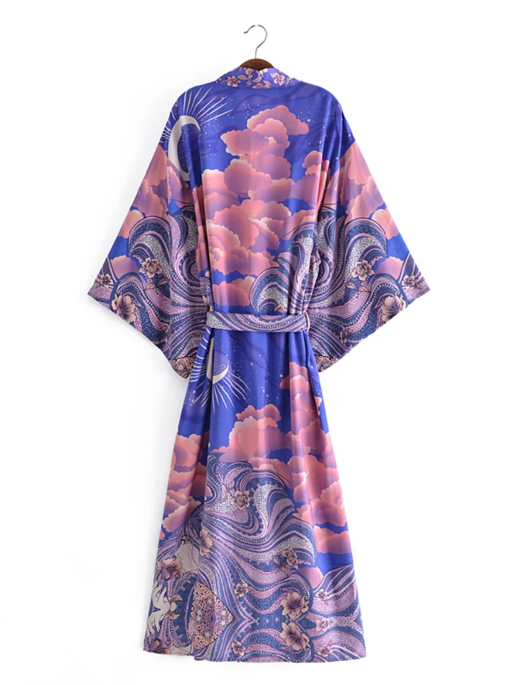 Women Star and Moon Floral Print Bat Sleeve Beach Bohemian Kimono Dress Robe Ladies Summer Boho Bikini Cover-ups