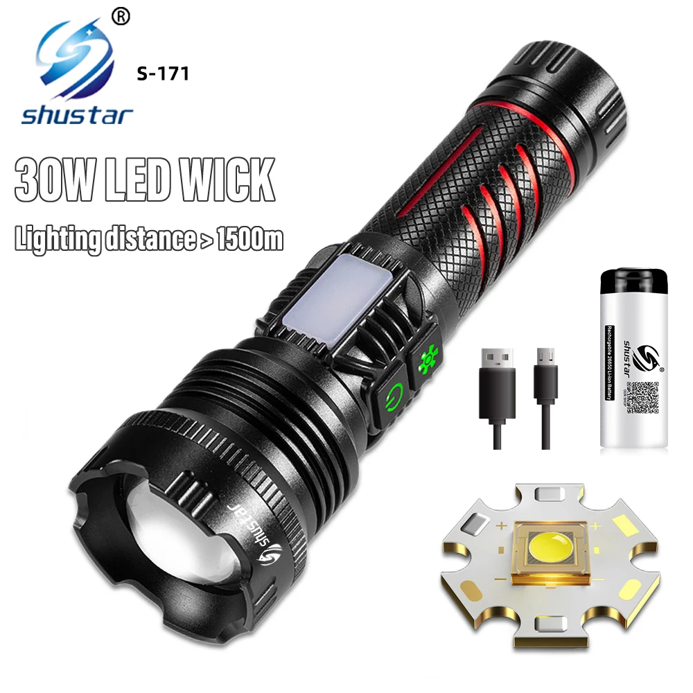 High Power LED Flashlight Torch with 30W Wick and Double Side Lights Lighting Distance 1500M Waterproof