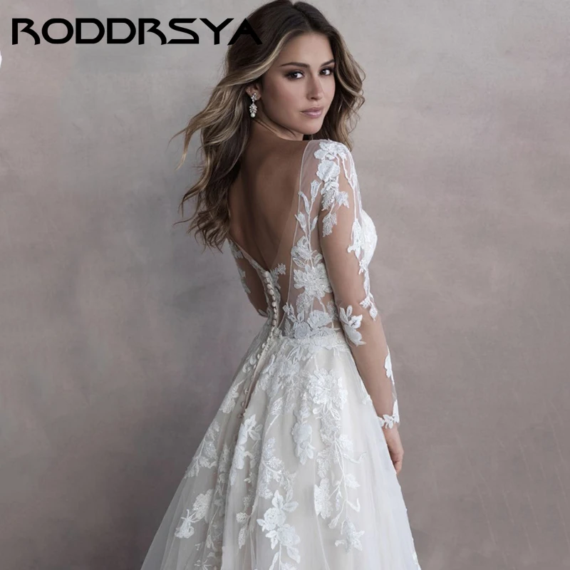 RODDRSYA 비치 웨딩드레스 2024 V 넥레이스 적용 웨딩드레스 긴팔 로맨틱 조끼 De Novia 단추 노출 등RODDRSYA 비치 웨딩 원피스, V넥 레이스 아플리케, 신부 가운, 긴 소매, 로맨틱 단