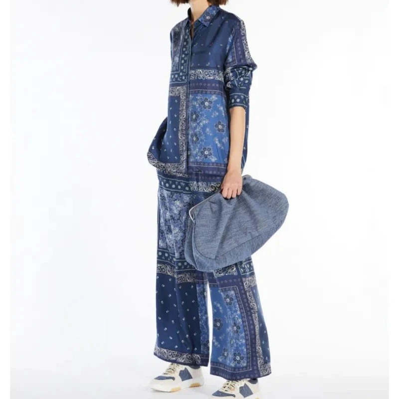 

2023 New Autumn and Winter Ethnic Style Printed Retro Navy Blue Silk Women Twill Shirt/casual Trousers