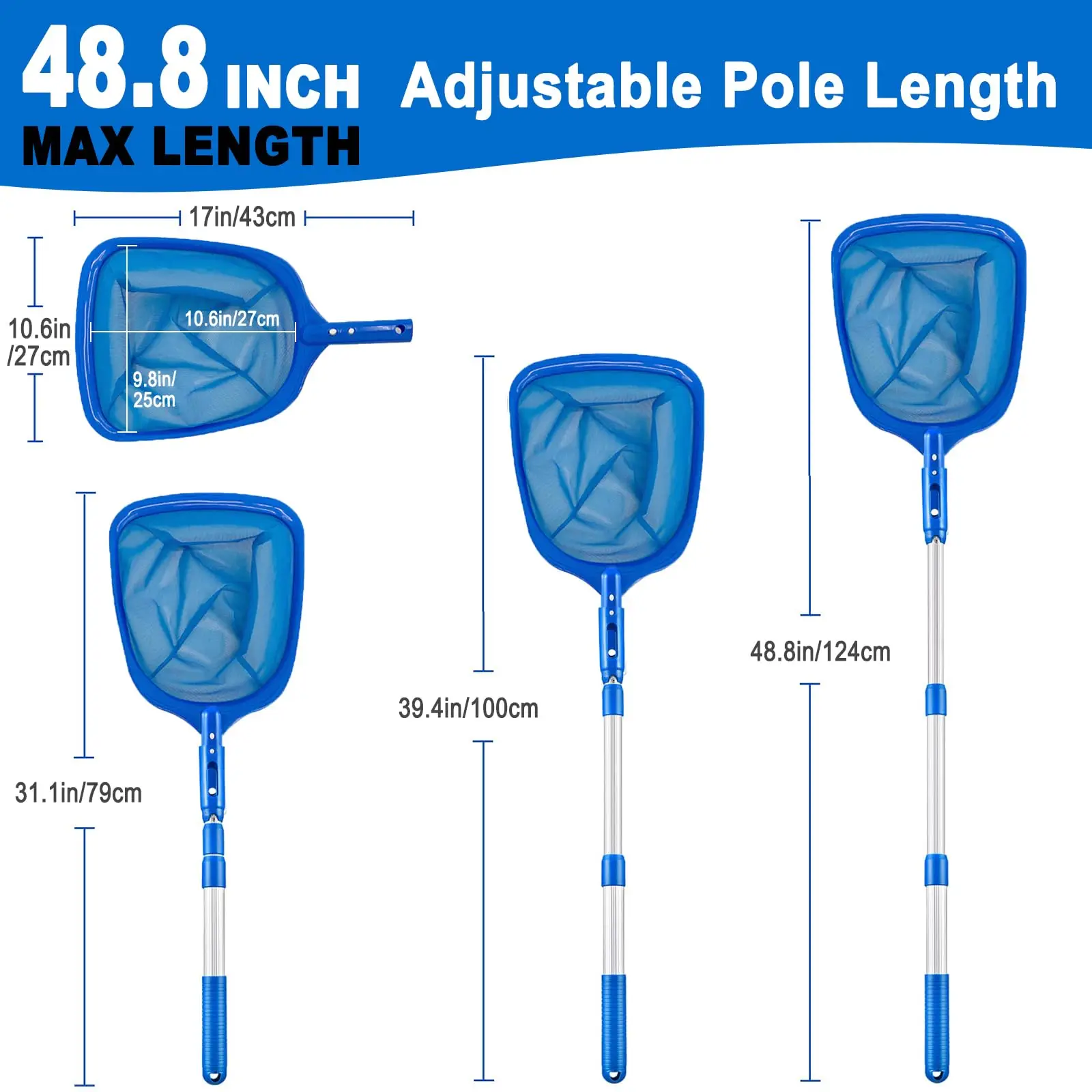 Swimming Pool Skimmer Net 3 Section Telescopic Pole Fine Mesh Deepwater Net Cleaning Leaves and Debris Pond