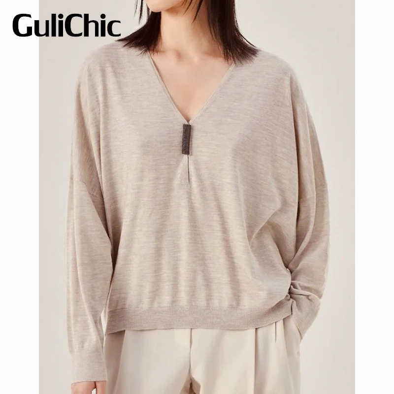 

9.4 GuliChic Women Casual Soft Comfortable Beaded Chain V-Neck Long Sleeve Cashmere Knitted Pullover Sweater