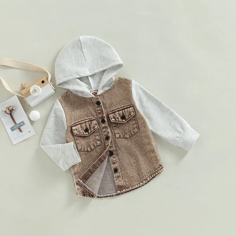 VISgogo Toddler Baby Denim Jacket Boys Girls Layered Long Sleeve Button Down Hoodie Jean Jackets Coat with Pockets Outerwear