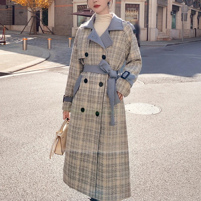 Abrigo holgado de lana para mujer, chaqueta con cinturón, cárdigan a cuadros, de vestir exteriores, Otoño | - AliExpress
