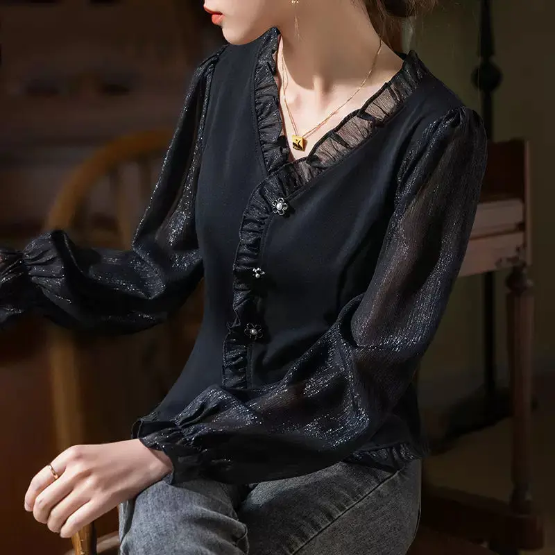 

New Spring and Autumn Fashion Solid Lace V-neck Ruffle Edge Panel Long Sleeve Temperament Commuter Women's Slim Fit Top