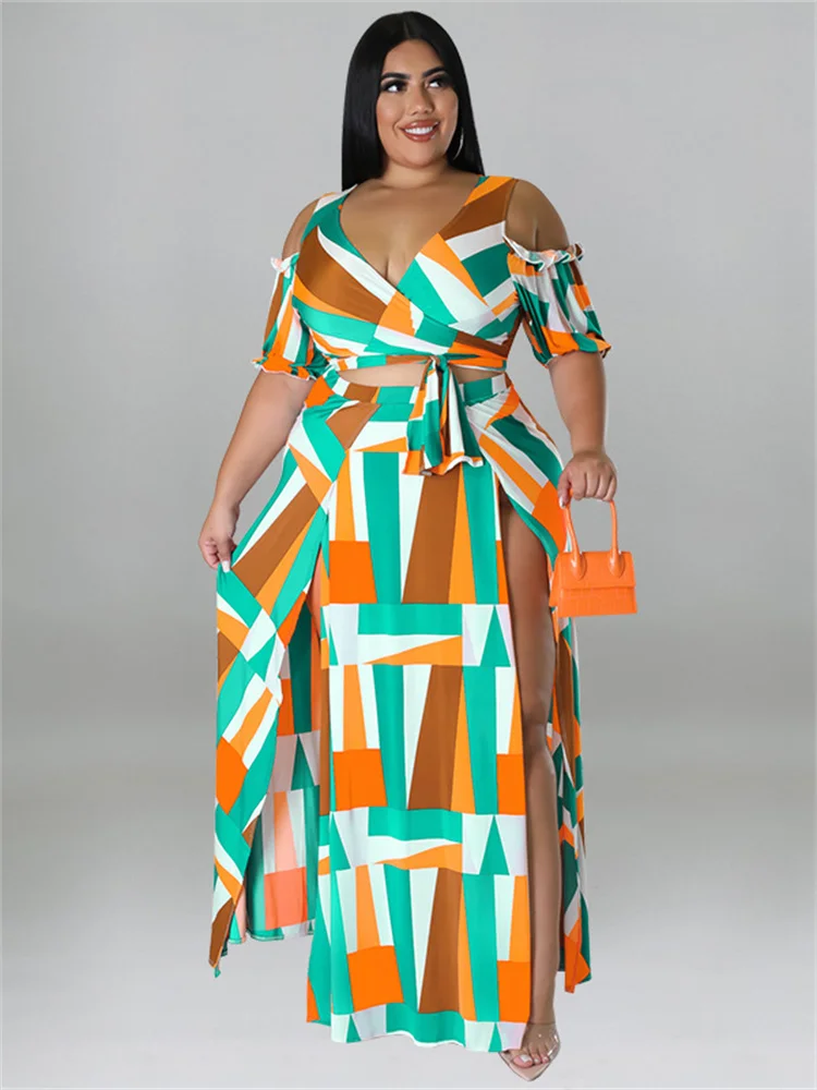 Wmstar Summer Plis Size Dress Sets Two Piece V Neck Printed Crop Top Big Swing Skirts Sexy Suits Slip Hem Wholesale Dropshipping