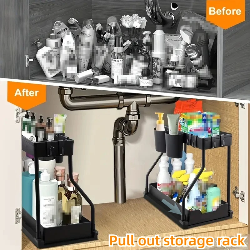 2 Tier Under Sink Organizer, Pull Out Cabinet Storage Shelf with Hooks & Hanging Cup, Space Saving Rack for Kitchen Bathroom 4
