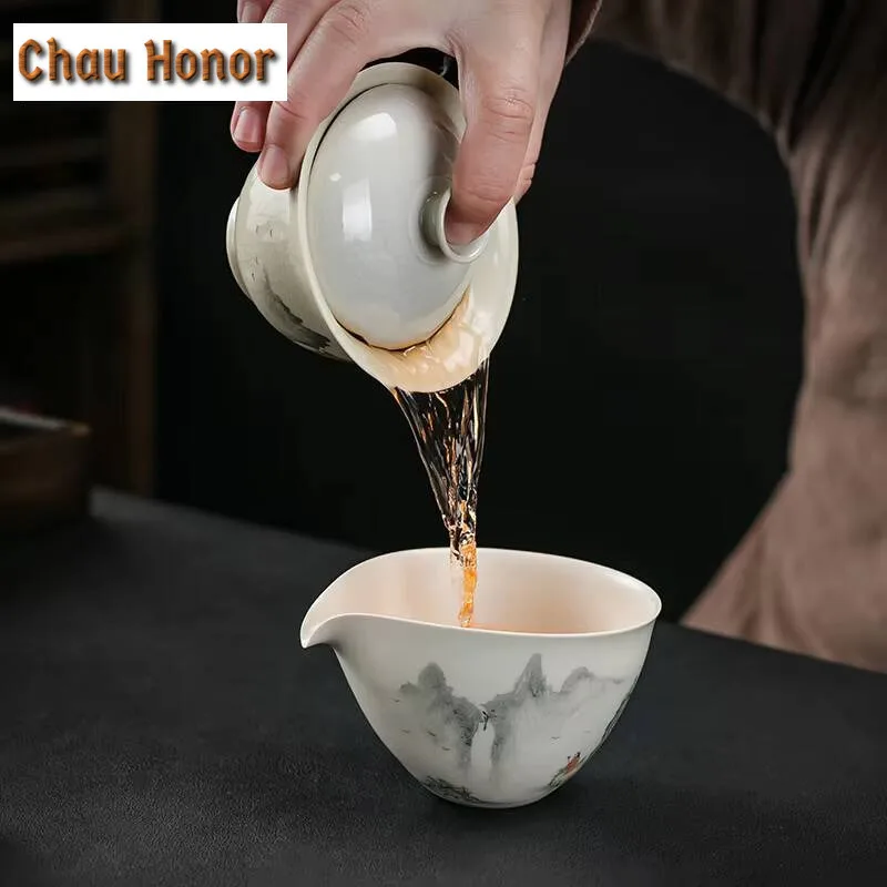 170ml Retro Grass Wood Gray Glaze Gaiwan Antique Landscape Anti Scalding Tea Tureen Tea Making Cover Bowl Teaset Ornaments Gift