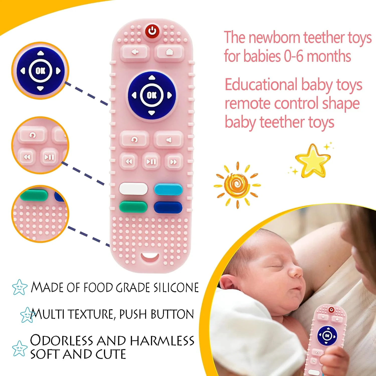 Girls pink teething toys, creative simulation remote control design teether , 3-12 months baby, food-grade silicone material 4