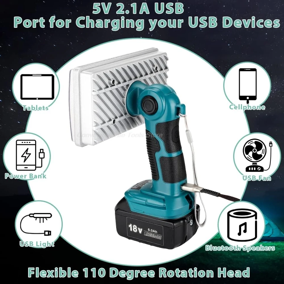 2 Pezzi Lampada Da Lavoro LED Ricaricabile 18V/21V Con Torcia E Uscita USB, Testa Rotante 180°, 30W Per Campeggio E Riparazioni
