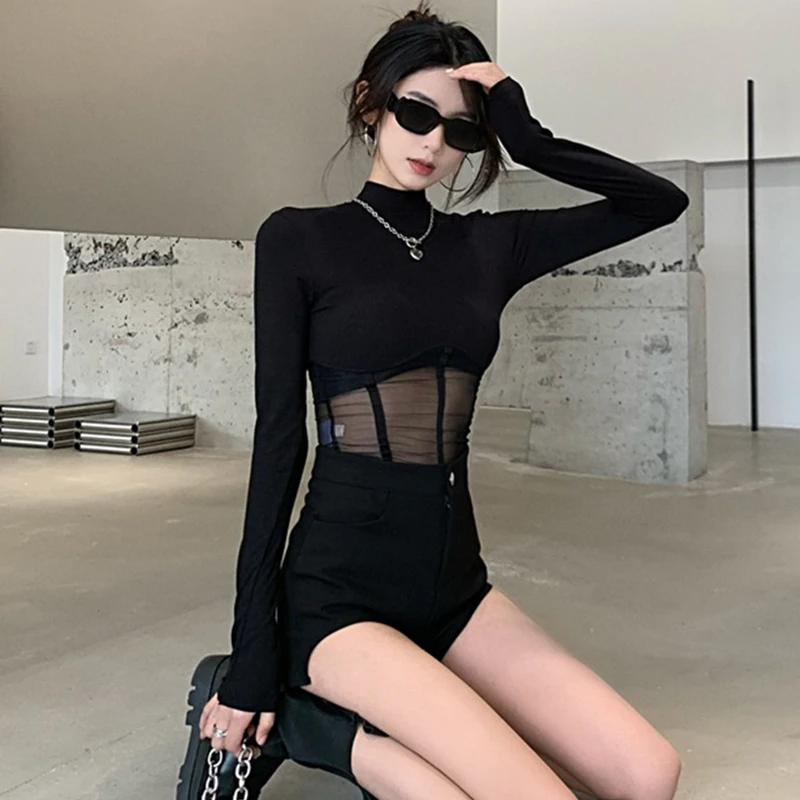 Black Top y2k Clothing Women Solid Color Skinny Turtleneck Long Sleeve Mesh Patchwork T Shirt Spring Autumn Clothes