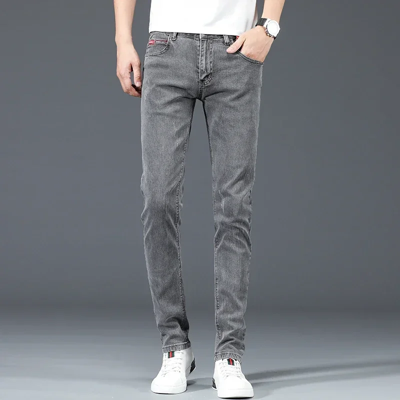 2025 New Men's Cotton Business Casual Skinny Jeans Trendy Fashionable Stretch Straight Slim Denim Trousers Male Blue Grey 5