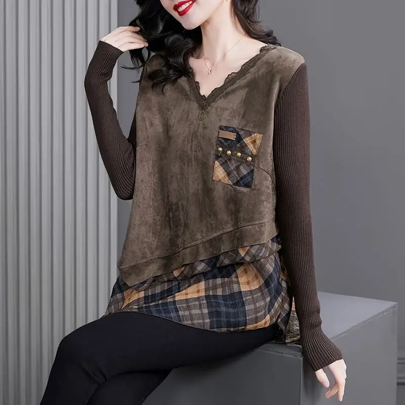 Spring Autumn New Long Sleeve Fashion Printing Blouse Women High Street Casual Lace Patchwork Pullovers Asymmetrical Plaid Tops