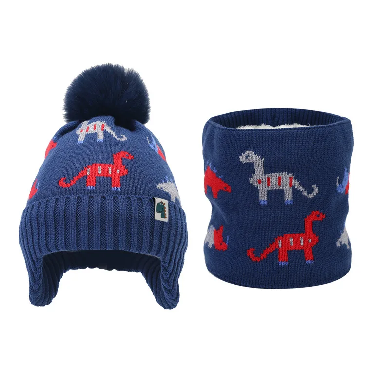 New Winter Cartoon Dinosaur Children Hat Scarf Set Plush Knitted Hat Neck Set Boys Girls Ear Protection Woolen Two Piece