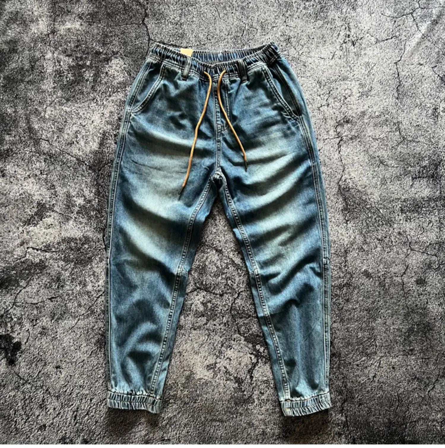 

Drawstring Elastic Waist Denim Jeans for Men American Casual Loose Washed Harem Jogger Pants 100% Cotton High Quality Spring