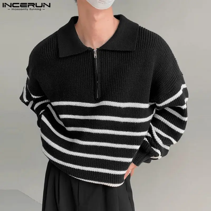 

INCERUN Tops 2023 Korean Style Handsome Men's Stripe Knitted Spliced Pullover Fashion Streetwear Half Zipper Lapel Sweater S-5XL