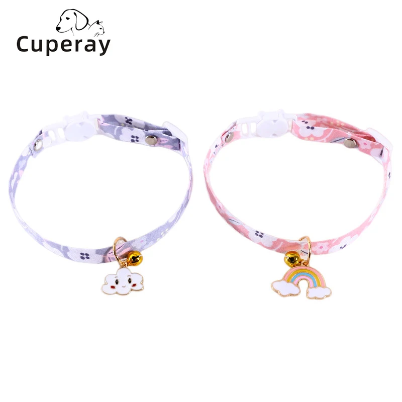 

Cat Pet Collar with Cloud Rainbow Pattern Adjustable Bell Safety Buckle Cat Dog Necklace Flower Accessory Necklace Kitten Collar