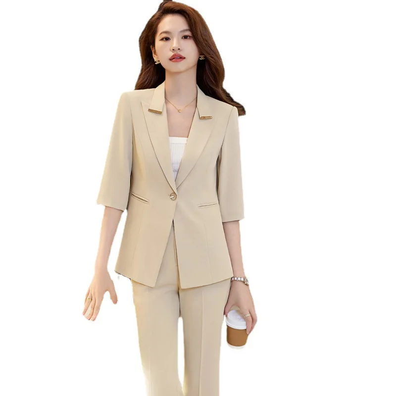 

New 2023 Spring Fashion Apricot Pantsuits High End Women Business Suits Pant and Jacket Sets Ladies Blazer Office Uniform Style