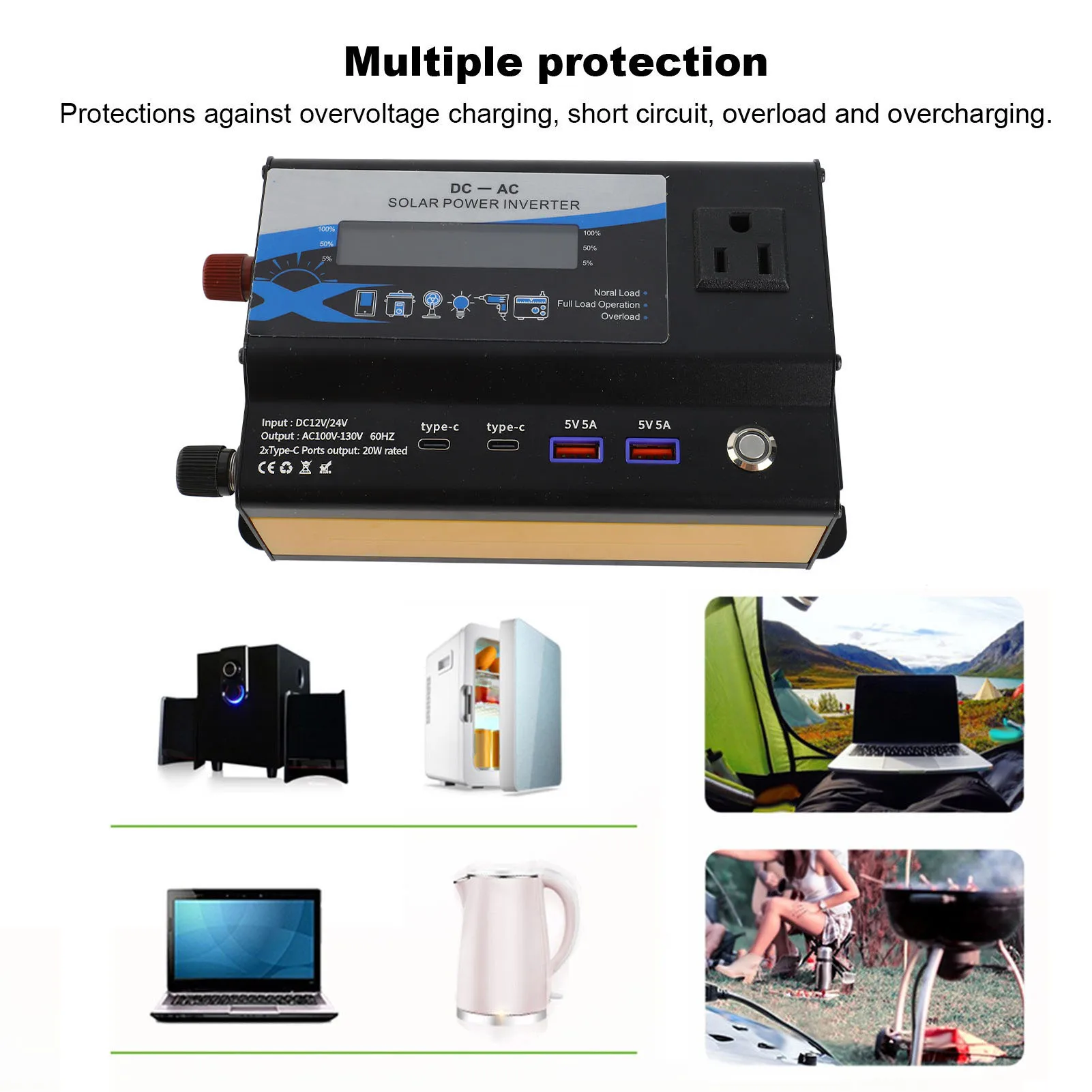 3000w 자동차 인버터(LED 컬러 주변 조명 포함) 2 USB 2 타입 C 충전 차량용 전력 변환기 US 플러그 12V/24V-110V