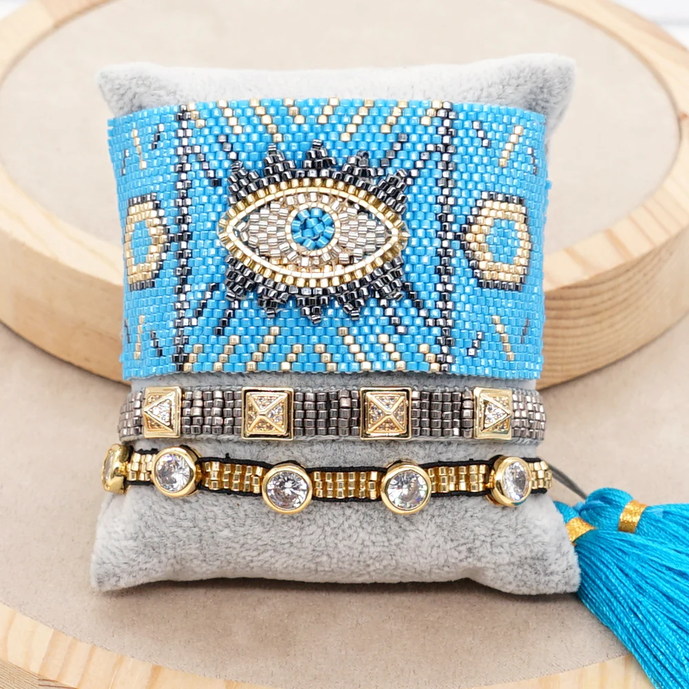 

YASTYT Miyuki Bracelet Set Rhinestone Jewelry Fashion Blue Turkish Evil Eye Bracelets for Women Wide Pulseras Mujer Moda 2022