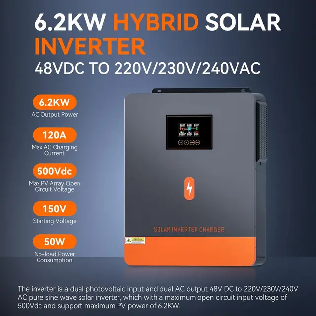 PowMr 6.2KW 4.2KW Hybrid Inversor With 120A MPPT Solar Charger Controller DC 24V 48V To 230V AC Pure Sine Wave On-Grid Inverter 3