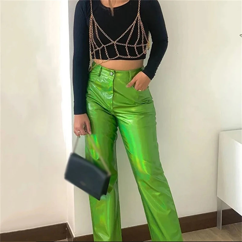 Women Fashion Metallic Shiny PU Leather Pants High Waist Casual Trousers Streetwear Straight Leg Pants Y2K Clubwear Bottom