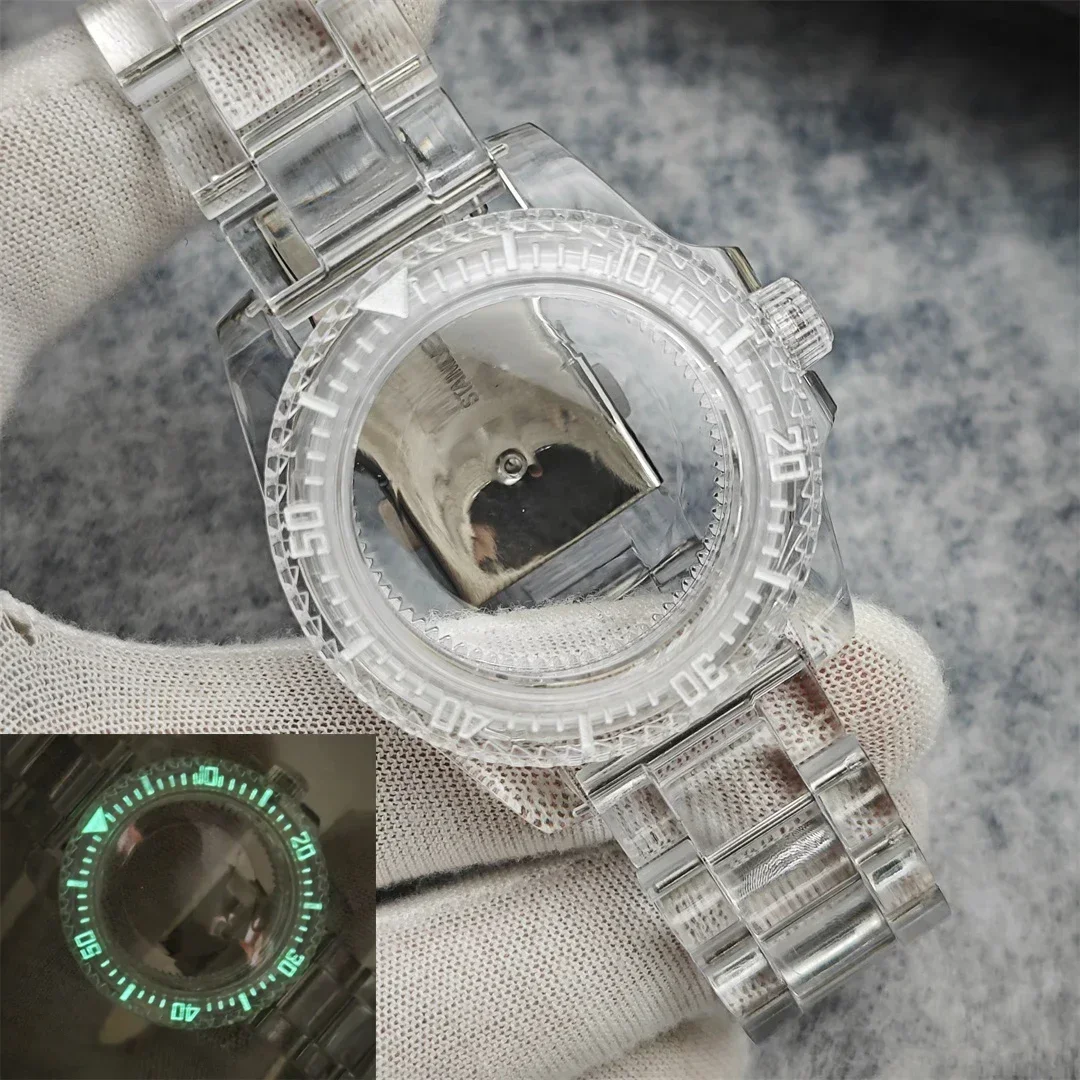 Luminous Green Earth Dial Transparent Watch Case - 40mm Sub Style Set