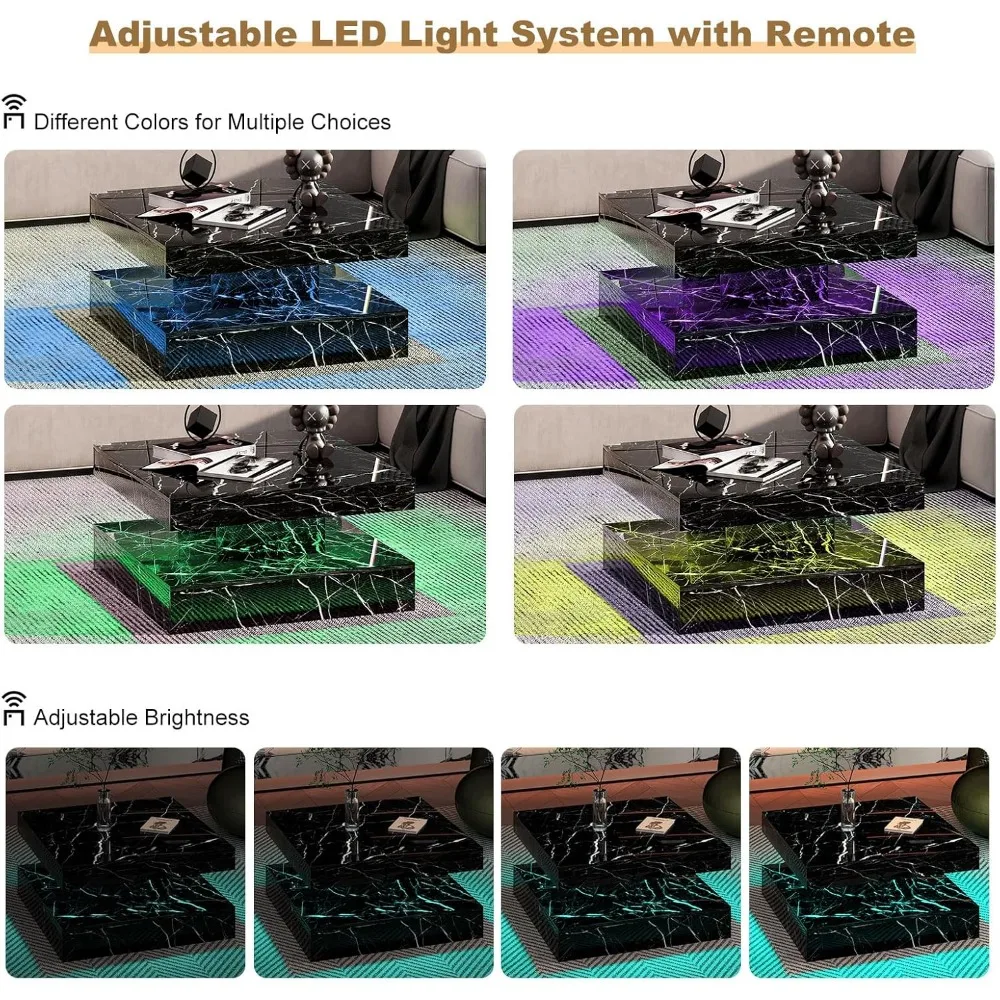 Black Marble Effect LED Coffee Table with 2 Layers of Storage Space, Modern Square Glossy Center Table, Wooden 20 Color Lighting 6