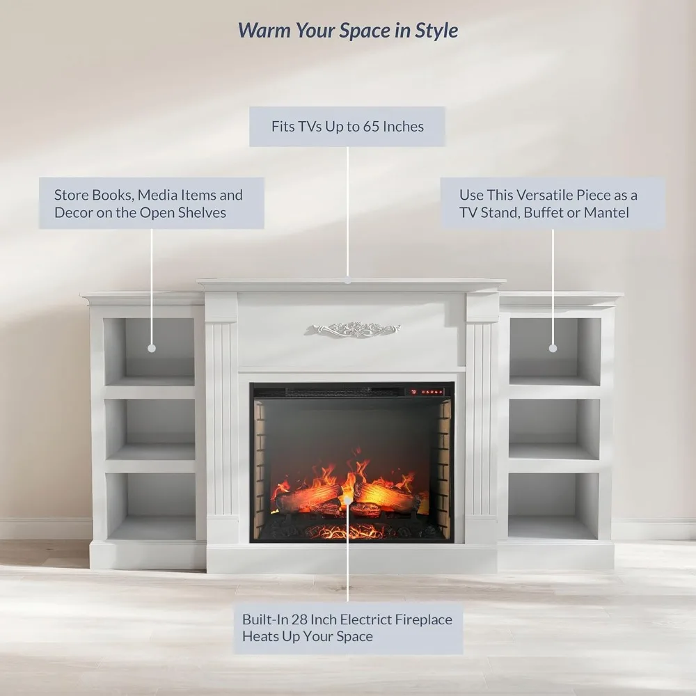 Modern 70" Electric Fireplace Heater Mantel TV Stand & Media Entertainment Center for TVs up to 68" with Energy-Efficient Heater 3