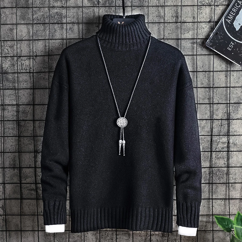 

Autumn Winter Men's Solid Turtleneck Pullover Long Sleeve Sweater Undershirt Knitted Casual Loose Vintage Preppy Style Tops