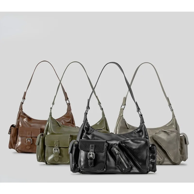 Retro motorcycle niche design handbag with large capacity multiple pockets concave design single shoulder diagonal cross bag