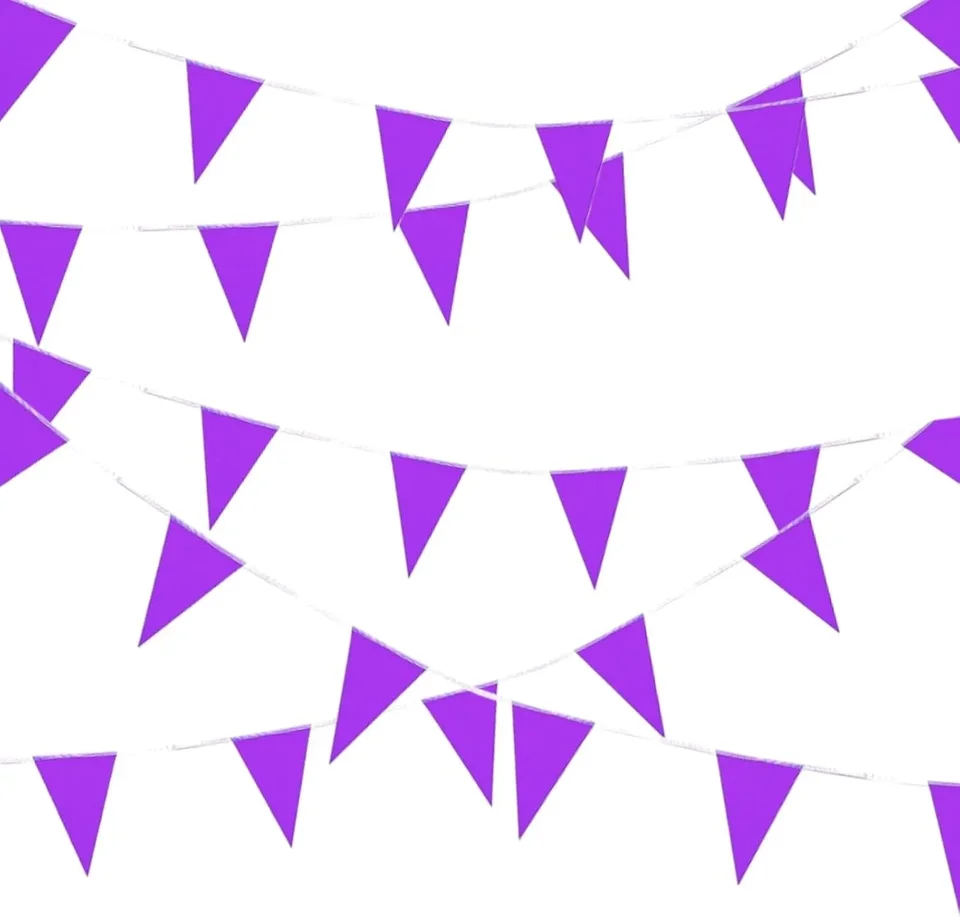ペナントバナーフラッグ 三角形バナーフラグ ガーランドペナントストリング ロープ付き - (結婚式 - 誕生日 - カーニバルイベン 33フィート  パープルペナントバナーフラッグ ストリングハンギングトライアングルホオジロフラッグ グランドオープン、子供の誕生日 ...