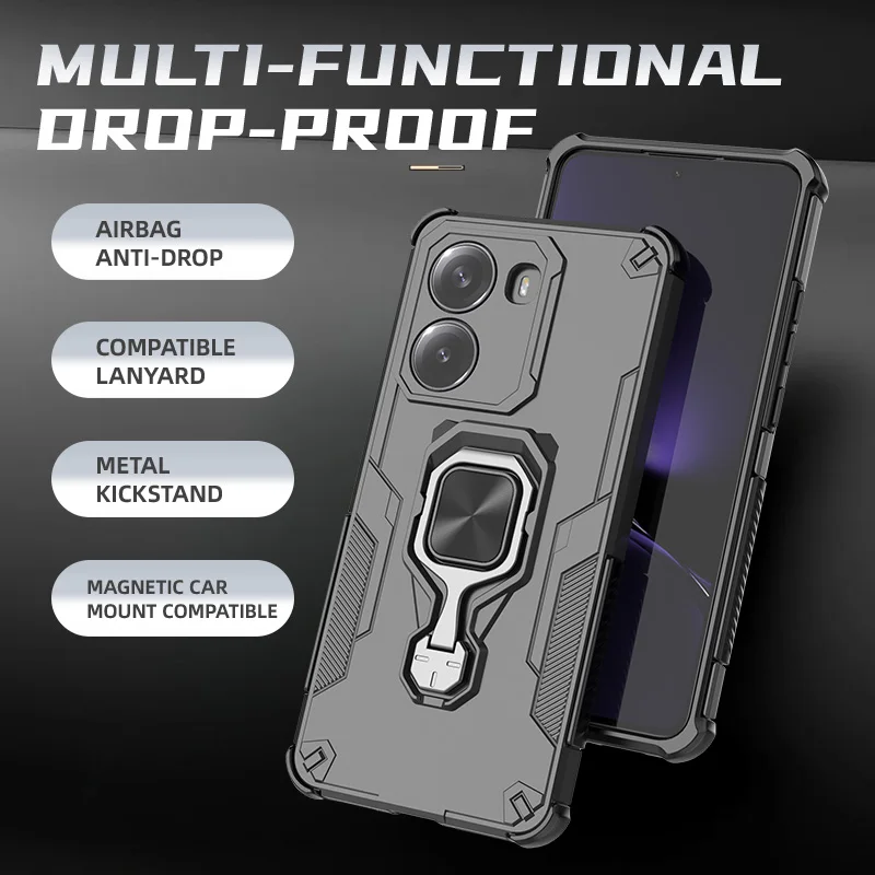 Magnetic Armor Shockproof Phone Case with Metal Ring Stand and Lens Protection