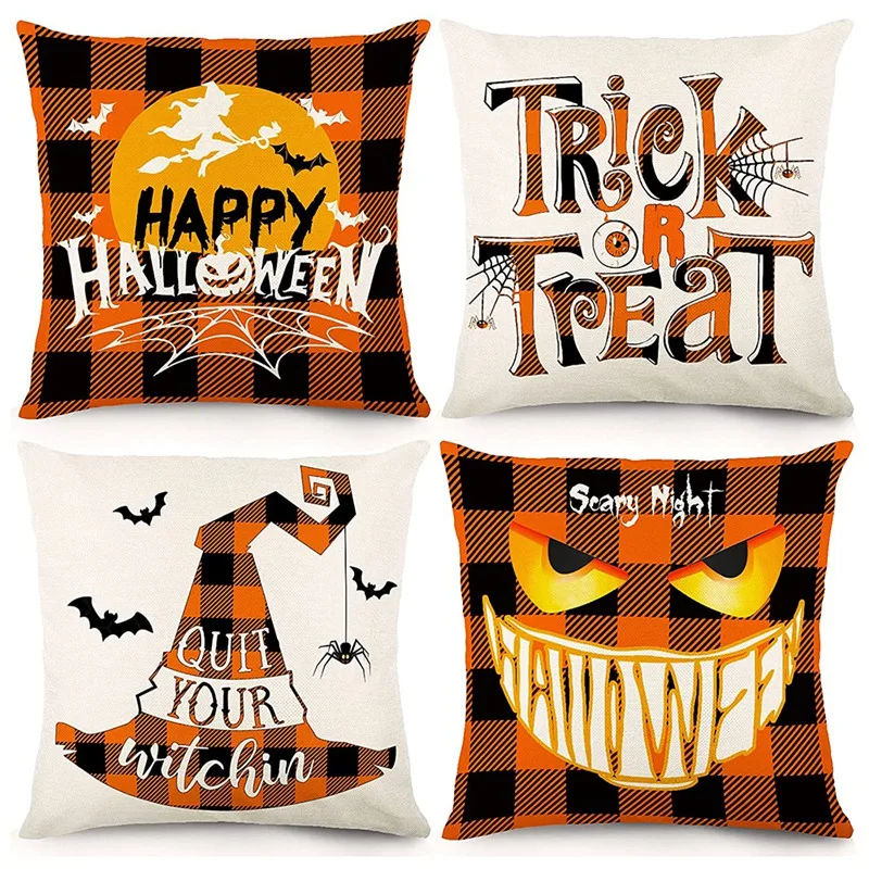 

NEW-Halloween Pillow Covers 18X18 Set Of 4 Pillowcase Holiday Halloween Decoration Throw Pillow Covers For Sofa Decor