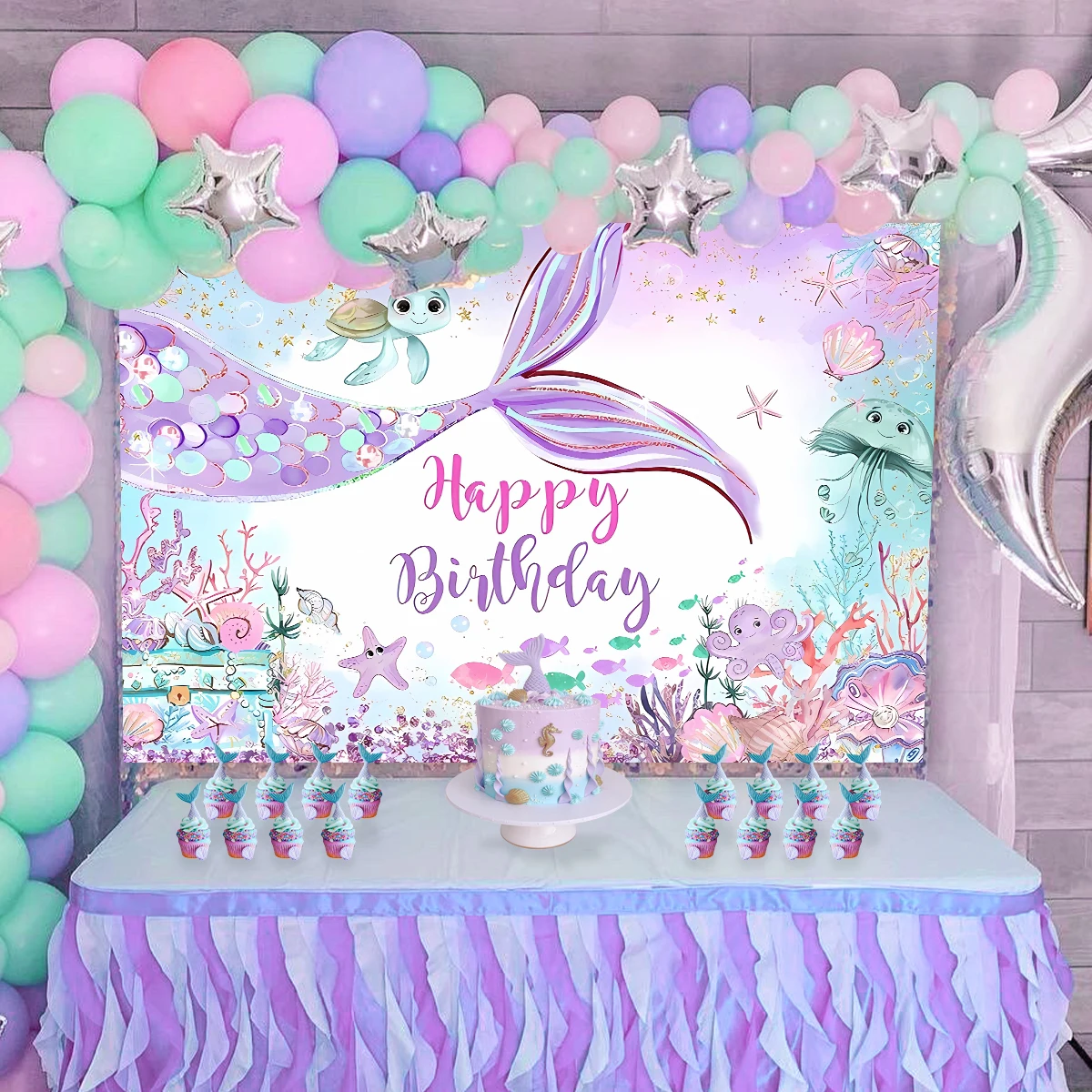 Birthday Backdrop Party Backdrop Curtain Party Decoration Party Supplies Gender Reveal Mermaid Party Banner Butterfly Happy Birthday Decor for Kids Boy Girl Baby Shower
