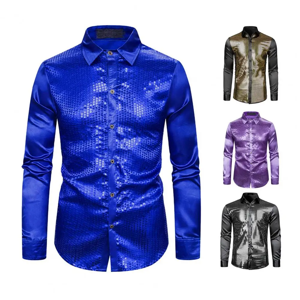 

Men Sequin Shirt Men Long Sleeve Sequin Shirt Colorful Stripe Sequin Lapel Men's Dance Shirt Slim Fit Long Sleeve for Club