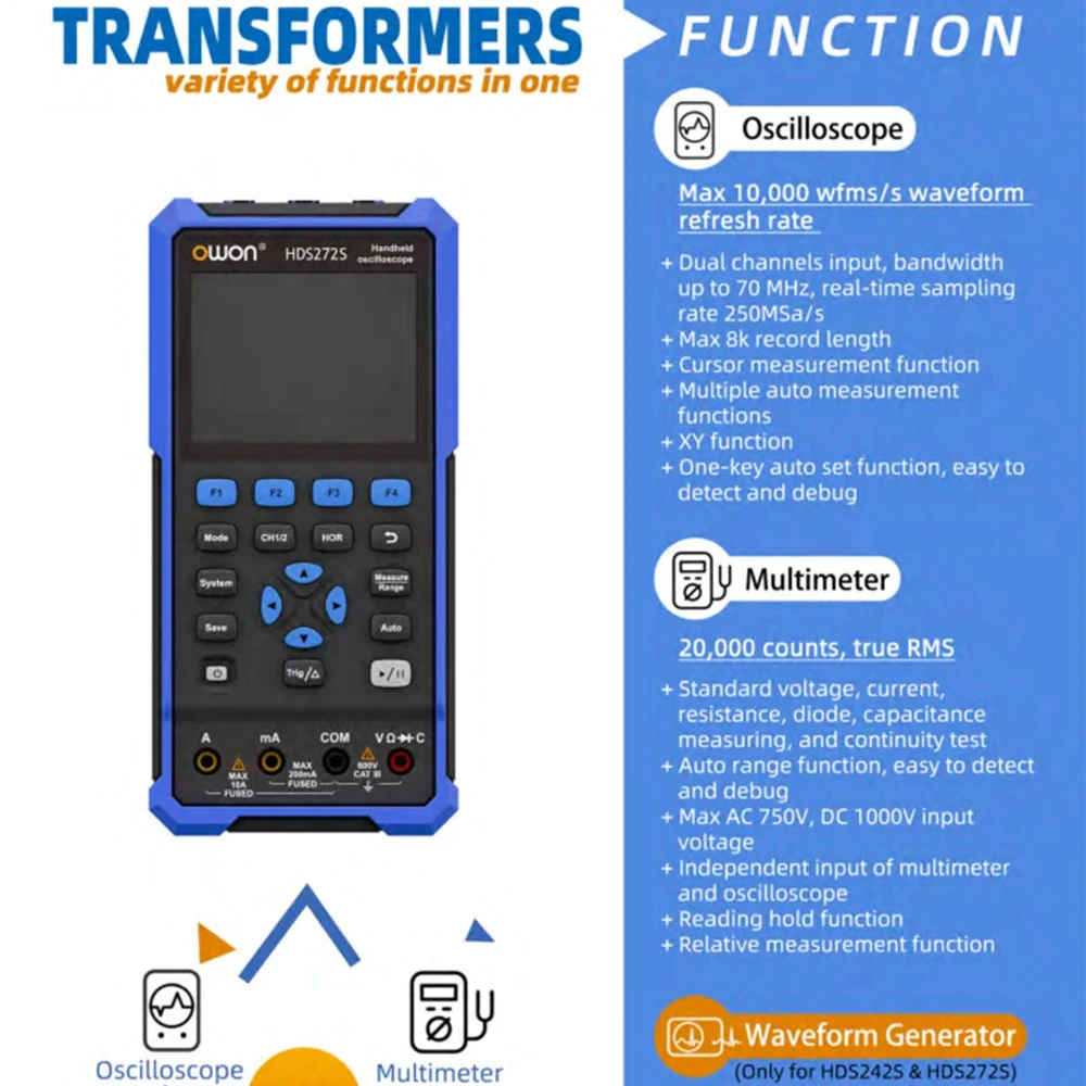 Digital Oscilloscope Multimeter Waveform Generator 2CH True RMS 40MHz/70MHz 250MSa/s 3.5inch USB Type C for OWON HDS272S