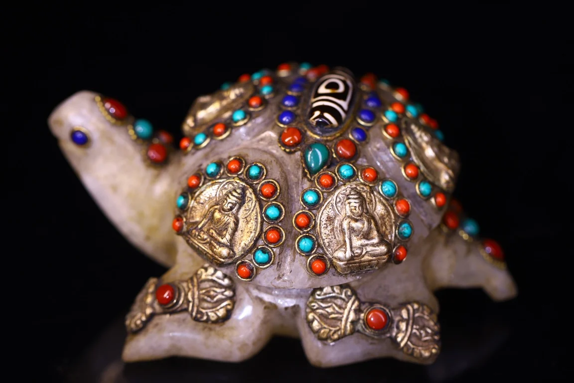 

6"Tibet Temple Collection Old Natural Crystal Tibetan silver Mosaic Gem gZi Beads Guanyin Vajra pattern Turtle Statue Amulet