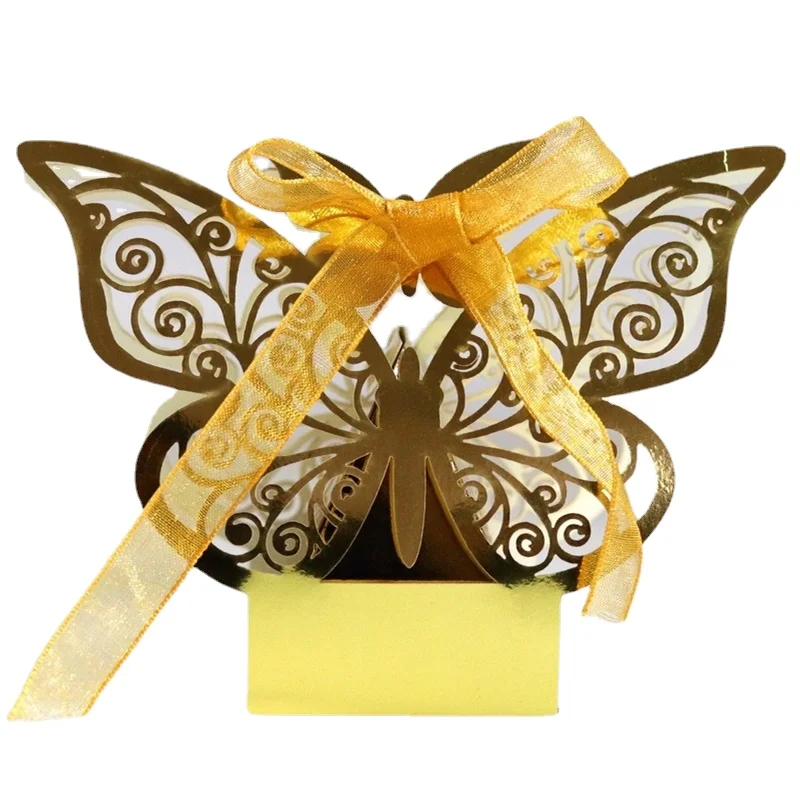 

10pcs Laser Cut Hollow Chocolate Candy Box Gold Butterfly Packaging Boxes Wholesale with Ribbons Wedding Party Favors Wrapping