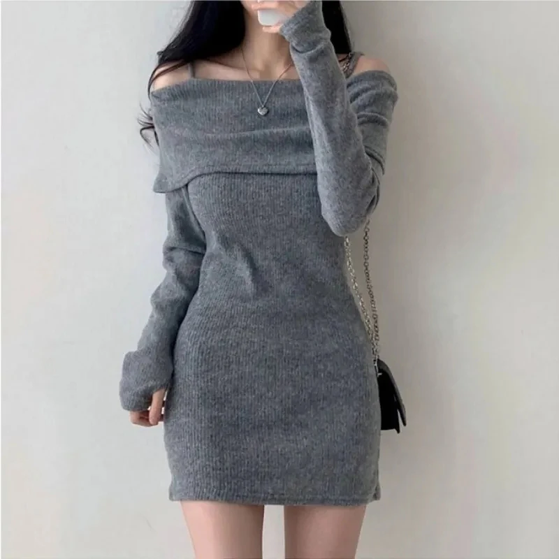 

Gidyq Fashion Women Korean Dress Casual Sexy Elegant Female Mini Dresses Y2K All Match Knitted Long Sleeve Dress Spring New