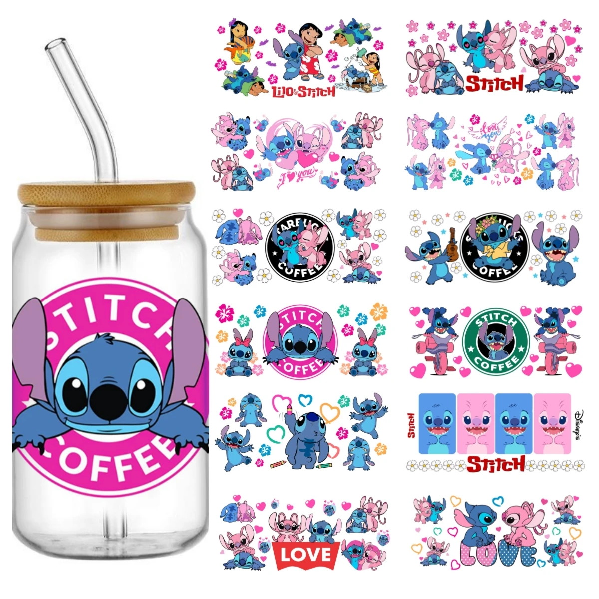 Miniso Stitch 16oz UV DTF Cup Wrap Cartoon Transfers Libbey Wrap Tumbler DIY Sticker Glass Can Selfadhesive Waterproof