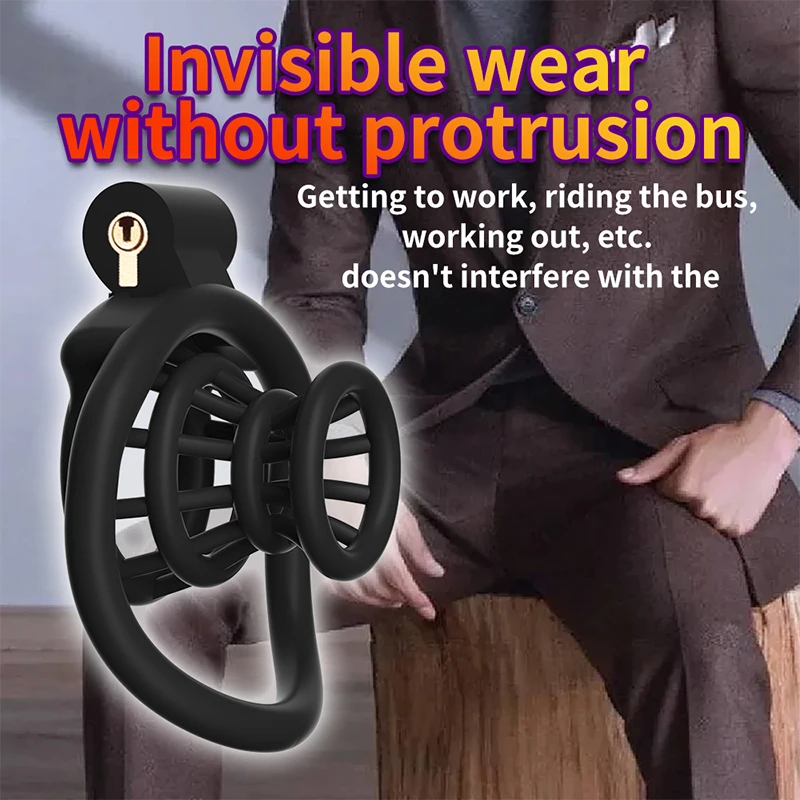 Creel Male Penis Lock Chastity Cage with Lock and 4 Ring Resin Virginity for Men Breathable Cock Ring Penis Fetish Restrain Toys
