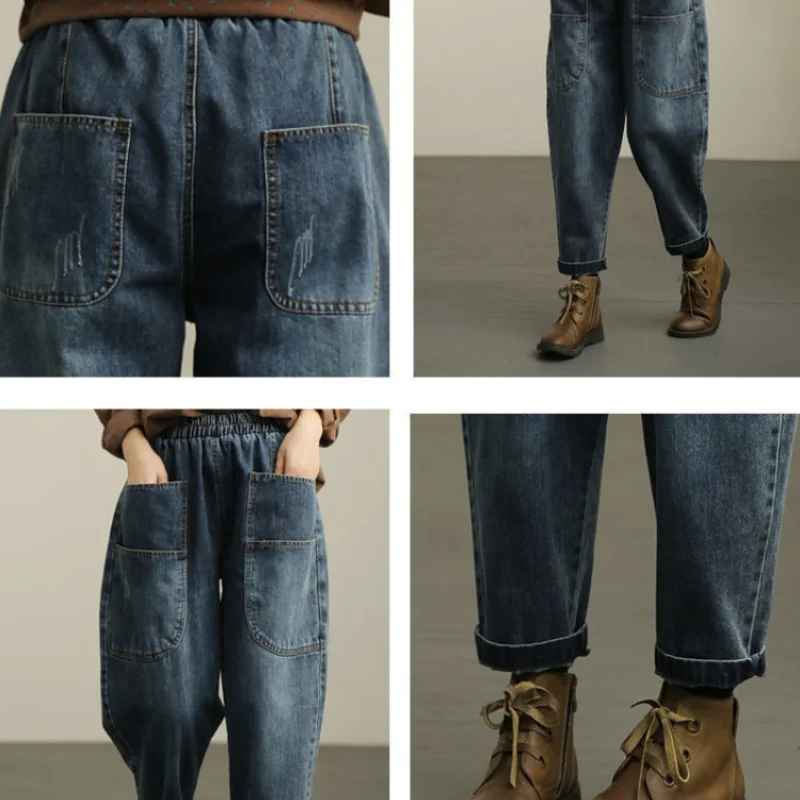 Vintage Baggy Jeans Women Spring Autumn Loose Casual Harem Denim Trousers Lady High Waist Cropped Pants Ankle-Length Bloomers