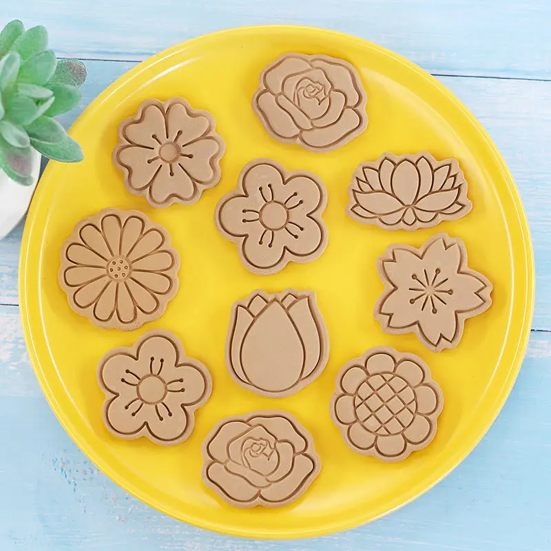 8pcs/set Flower Shape Cookie Cutters 3D Plastic Biscuit Mold Cookie Stamp DIY Fondant Cake Mould Kitchen Baking Pastry Bakeware