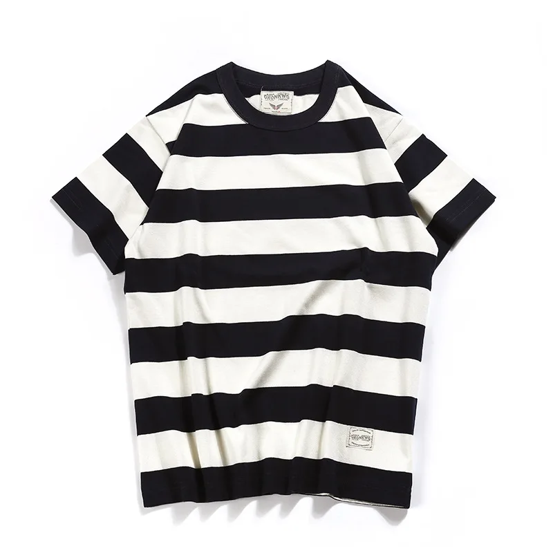 

New OKONKWO Vintage American Style Prisoner Motorcycle Men's Thick Striped Short Sleeve T-Shirt